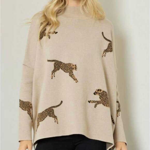 ENTRO Tops - NEW ENTRO Large Leopard Tunic Sweater in Oatmeal